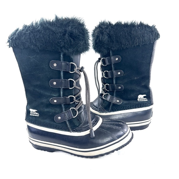 Sorel Joan Of Arc Youth Girl Size 6 Black Suede Snow Boot Wool Lining NY1966013 - Picture 5 of 8